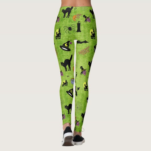 Random Halloween Pattern Green BG Holiday Design Leggings (Rückseite)