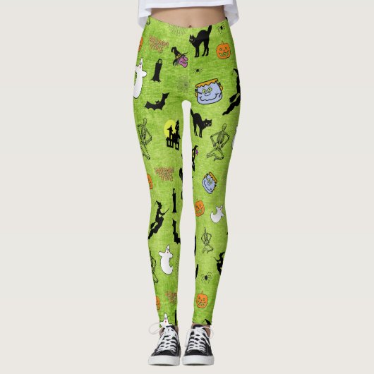Random Halloween Pattern Green BG Holiday Design Leggings (Vorderseite)