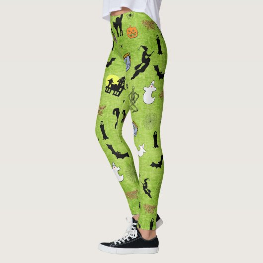 Random Halloween Pattern Green BG Holiday Design Leggings (Links)
