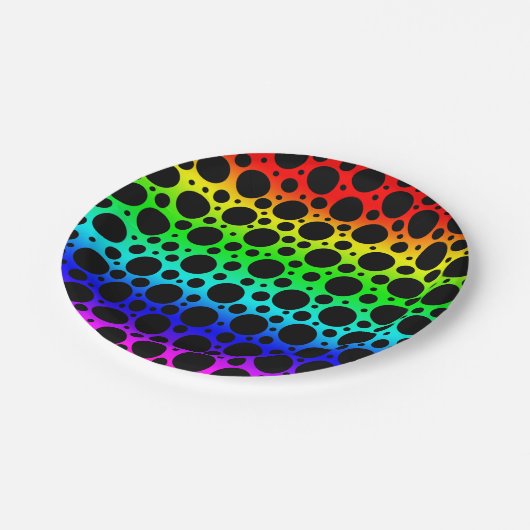 Random Polka Dots - Schwarz auf Regenbogen Pappteller (Schrägansicht)