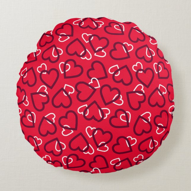 Random Red Outlinated Hearts Pattern Rundes Kissen (Vorderseite)