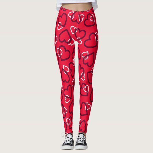 Random Red Outlined Hearts Pattern Leggings (Vorderseite)
