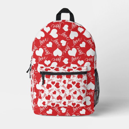 RANDOM RED & WHITE HEARS MIT LIEBE SCRIPT BEDRUCKTER RUCKSACK (Vorderseite)