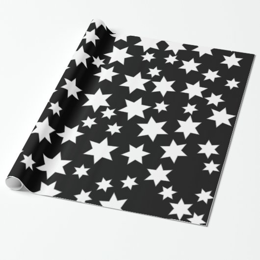 Random White Stars auf schwarz Geschenkpapier (Ungerollt)