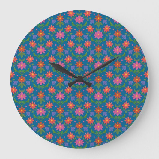 Rangoli Blume Polka Dot Blue Round Wall Clock Große Wanduhr (Vorderseite)