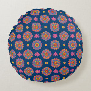Rangoli, Blume, Polka-Punkte, Blaues Rundkissen Rundes Kissen