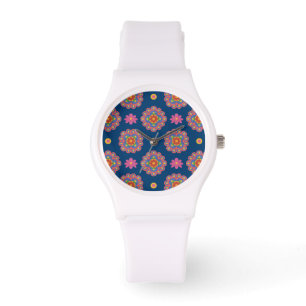Rangoli, Blume, Polkas auf Blue Sporty Wristwatch Armbanduhr