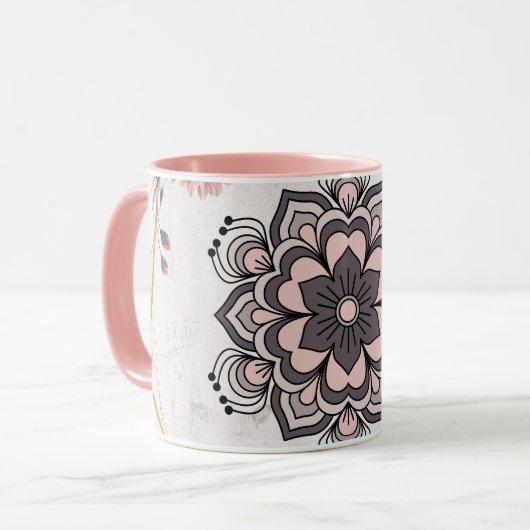 Rangoli Blumenkunst, Rosa und Gray Calming Harmoni Tasse (Vorderseite Links)