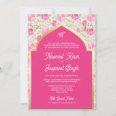 Rani Pink Floral Foto Anand Karaj Sikh Wedding Einladung (Vorderseite)