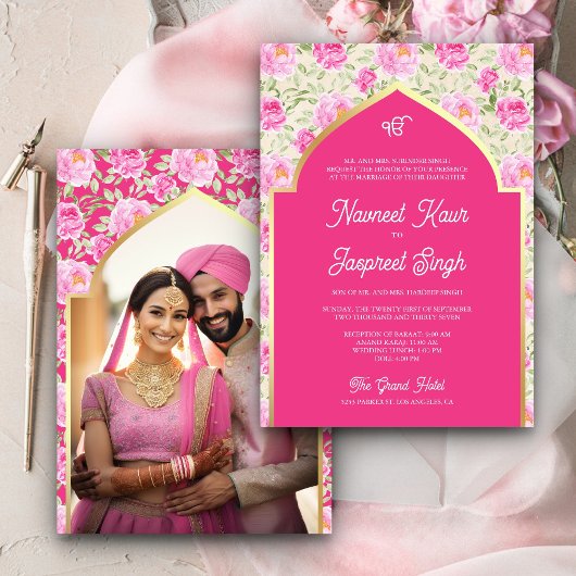 Rani Pink Floral Foto Anand Karaj Sikh Wedding Einladung