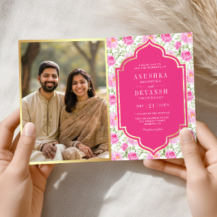 Rani Pink Floral Muster QR Code Indian Wedding Einladung