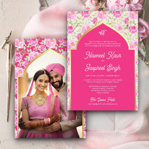 Rani Pink Florale Foto Anand Karaj Sikh-Hochzeit Einladung