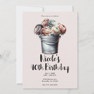 Ranunculus in Tin Pail Rustic Glam Pink Birthday Einladung