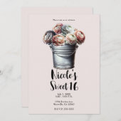 Ranunculus in Tin Pail Rustic Glam Pink Sweet 16 Einladung (Vorne/Hinten)