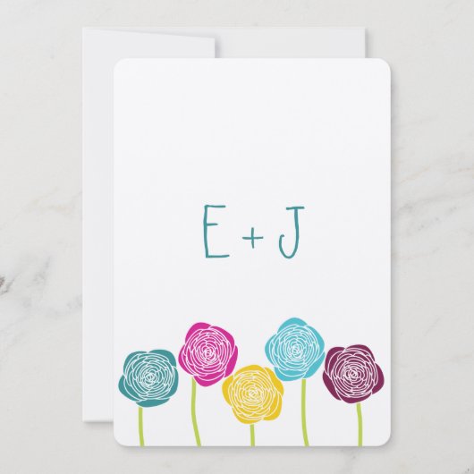 Ranunculus Rose Aquamarin Violett Pink Gelbe Hochz Einladung (Rückseite)