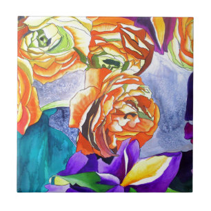 Ranunculus und Iris Aquarellkunst Fliese