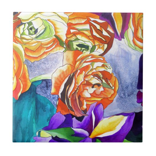 Ranunculus und Iris Aquarellkunst Fliese (Vorderseite)