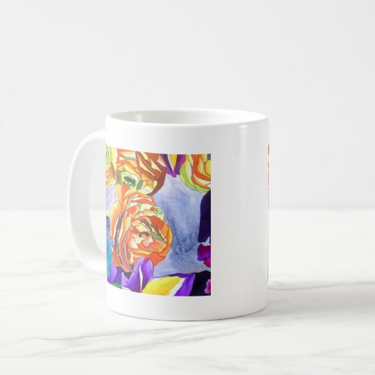 Ranunculus und Iris Aquarellkunst Kaffeetasse (Vorderseite Links)