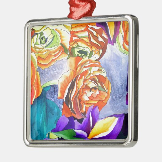 Ranunculus und Iris Aquarellkunst Ornament Aus Metall (Links)