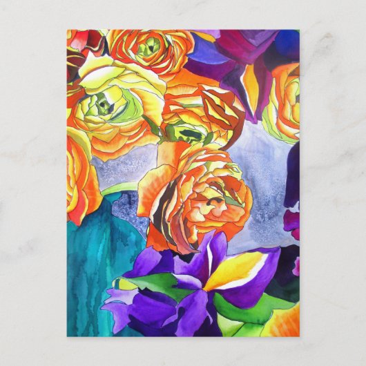 Ranunculus und Iris Aquarellkunst Postkarte (Vorderseite)