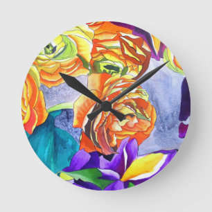 Ranunculus und Iris Aquarellkunst Runde Wanduhr