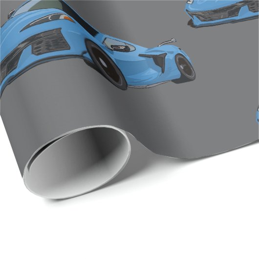 Rapid Blue C8 Corvette Sportwagen Handgezeichnet Geschenkpapier (Rolleneckpunkt)