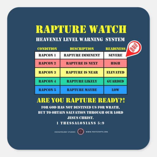 Rapture Alert Levels Quadratischer Aufkleber (Vorderseite)
