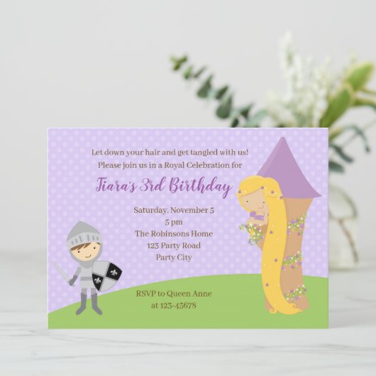Rapunzel Birthday Einladung Ritterturm Twins (Stehend Vorderseite)