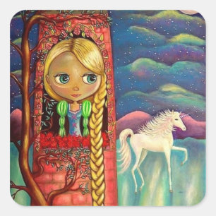 Rapunzel in Rosa Turm mit Einhornkollege Quadratischer Aufkleber