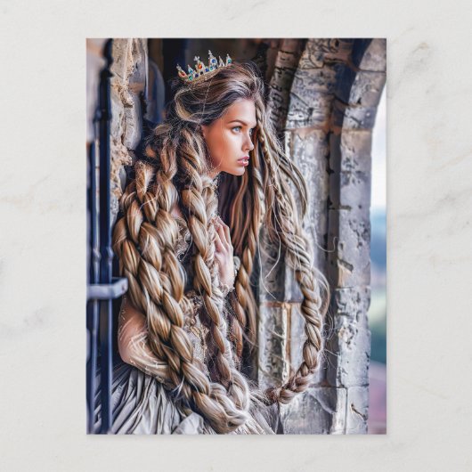 Rapunzel mit ihrem langen Haar im Turm Postkarte (Vorderseite)