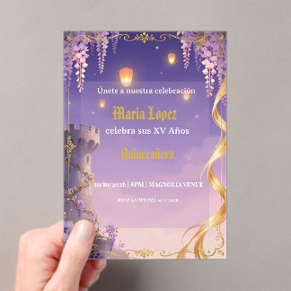 Rapunzel-Thema Quinceañera Lila Gold Prinzessin Acryleinladungen