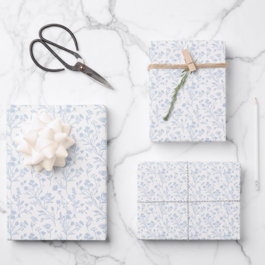 Raschelnde Blüten Staubblau - Neutral Geschenkpapier Set (Vorderseite)
