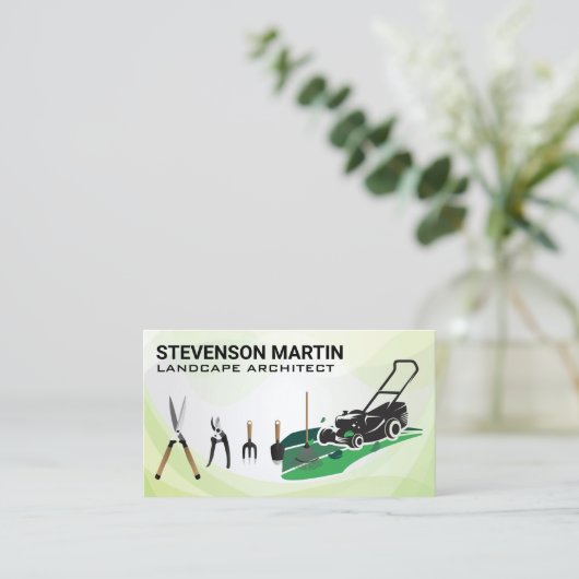Rasenmäher | Gartenwerkzeuge | Landschaftsgärtner Visitenkarte (Stehend Vorderseite)