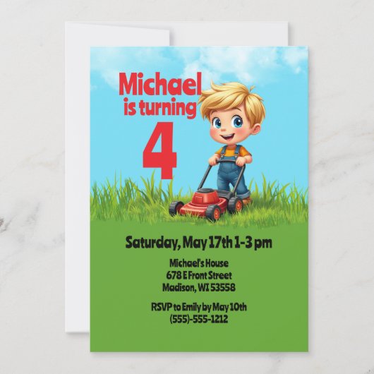 Rasenmäher Geburtstagsparty Einladung (Vorderseite)