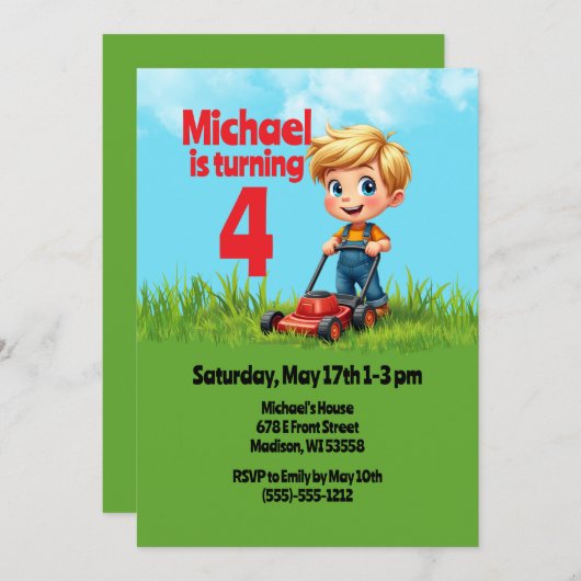 Rasenmäher Geburtstagsparty Einladung (Vorne/Hinten)