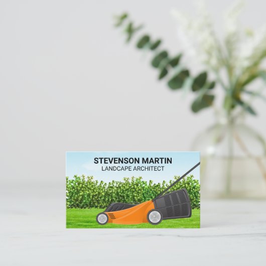 Rasenmäher schneiden Gras | Landflucht Visitenkarte (Stehend Vorderseite)