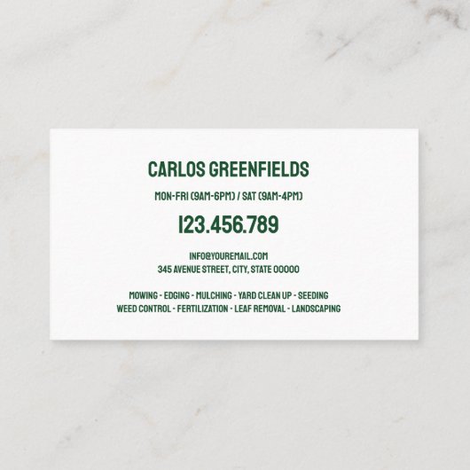 Rasenpflege Landschaftsgärtnerin mit Mäher Visitenkarte (Rückseite)
