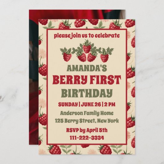 Raspberry 1. Geburtstag Party Berry Erstes Foto Einladung (Vorne/Hinten)