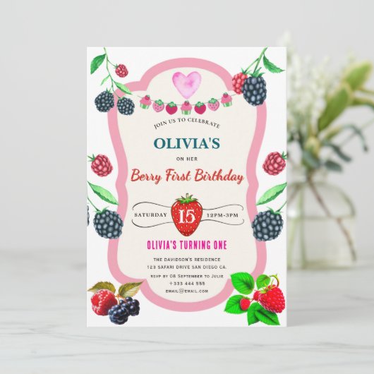 Raspberry Birthday Party Einladung (Stehend Vorderseite)