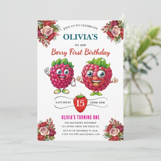 Raspberry Birthday Party Einladung (Stehend Vorderseite)
