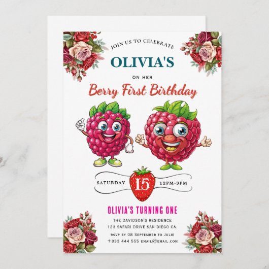 Raspberry Birthday Party Einladung (Vorne/Hinten)