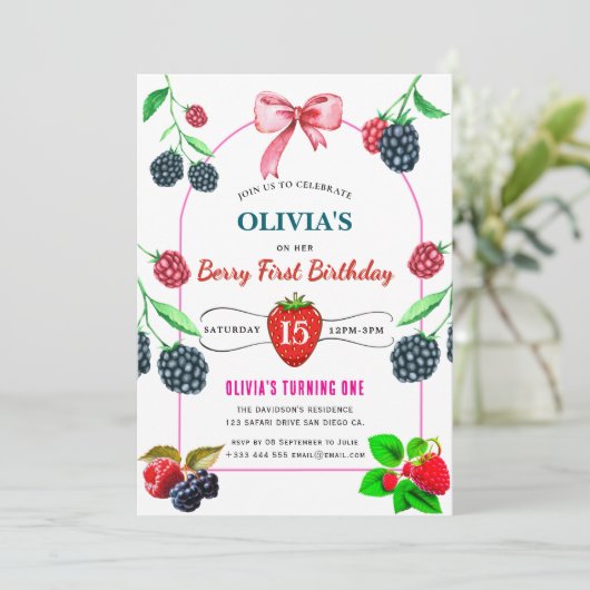 Raspberry Birthday Party Einladung (Stehend Vorderseite)