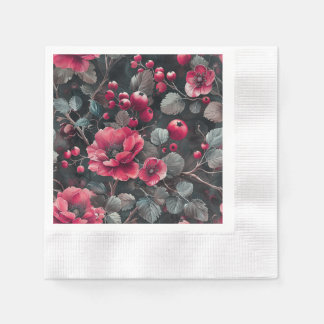 Raspberry, burgundy flowers on dark gray serviette