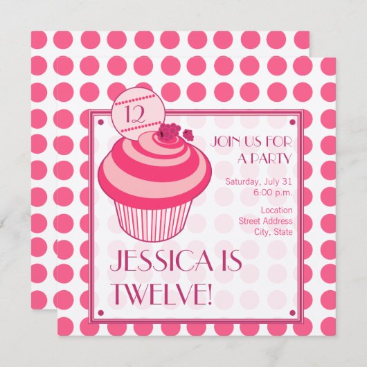 Raspberry Cupcake Geburtstagsparty Einladung (Vorne/Hinten)