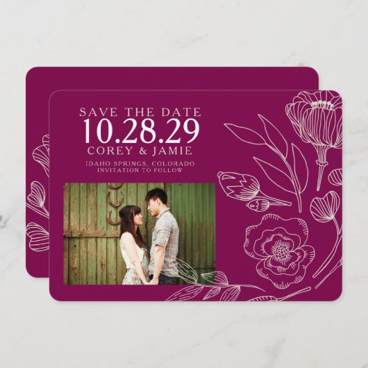 Raspberry Elegant Blumenhochzeit Save The Date (Vorne/Hinten)