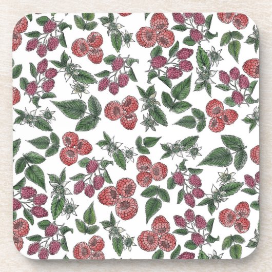 Raspberry Fruit Blätter Illustration Muster Getränkeuntersetzer (Vorderseite)