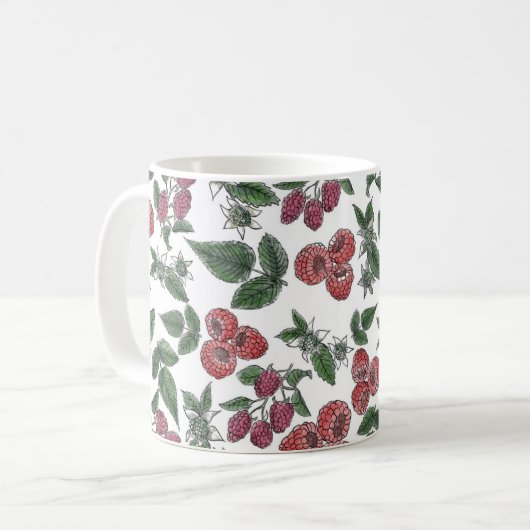 Raspberry Fruit Blätter Illustration Muster Kaffeetasse (Vorderseite Links)