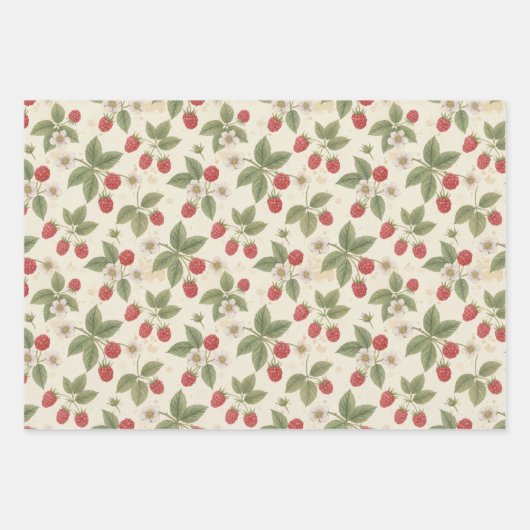 Raspberry Fruit Bunches with Leaves and Blossom Geschenkpapier Set (Vorderseite)