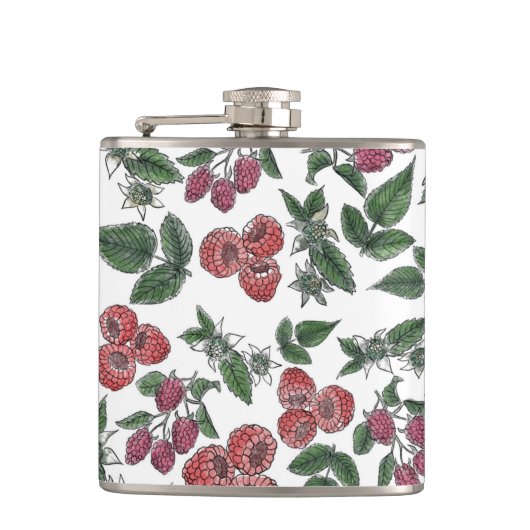 Raspberry Fruit Leaves Illustration Pattern Flachmann (Vorderseite)