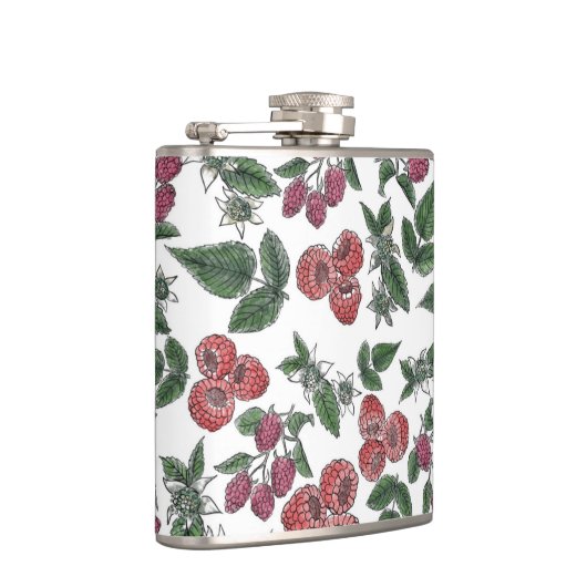 Raspberry Fruit Leaves Illustration Pattern Flachmann (Rechts)